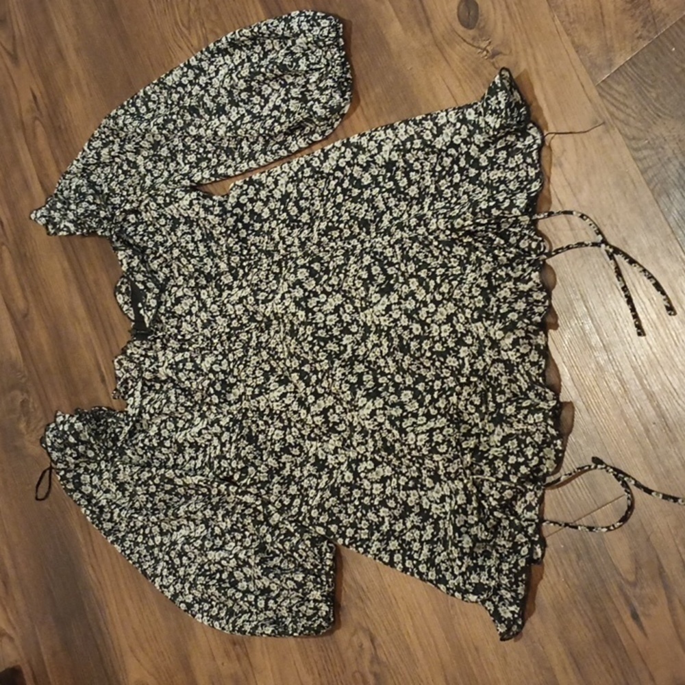 ACOA Black and Grey Floral Ruffle Sheer Sleeve Cottage Core Mini Dress QQQ